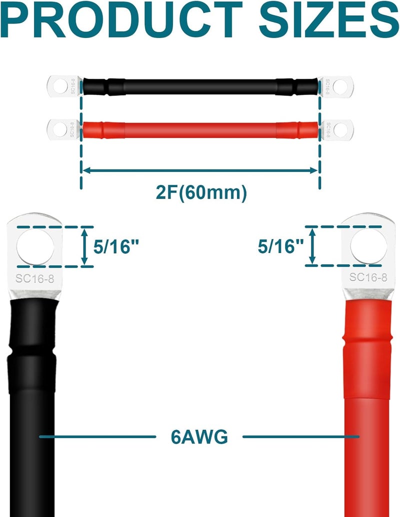 QIATOL كابلات بطارية 6 AWG مع أطراف، 2 قطعة كابلات بطارية نحاسية مع أطراف حلقة 5/16 (موجب وسالب، 1 قدم). - Image 3